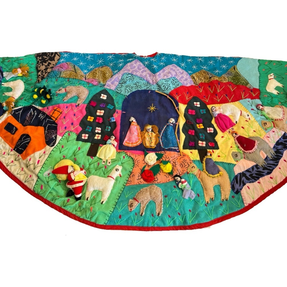 Peru Arpillera Patchwork Christmas Nativity Tree Skirt Peruvian 42" OOAK Vintage